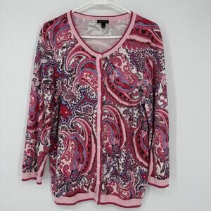 Talbots Sweater Womens Large Pink Paisley Button Front Cardigan 3/4 Sleeve Knit